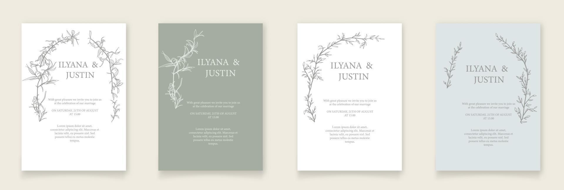 Modern Wedding invitation card template with brunches in line. Minimalism style. vector