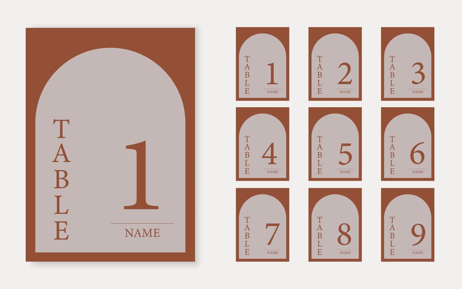 Arched boho wedding table number template. Terracotta and burnt orange numbers. vector