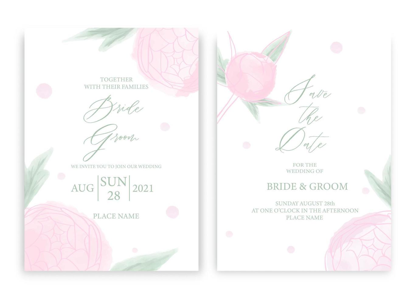 diseño de plantilla de tarjeta de invitación de boda floral, con peonía rosa acuarela y hojas verdes. tema vintage pastel. vector