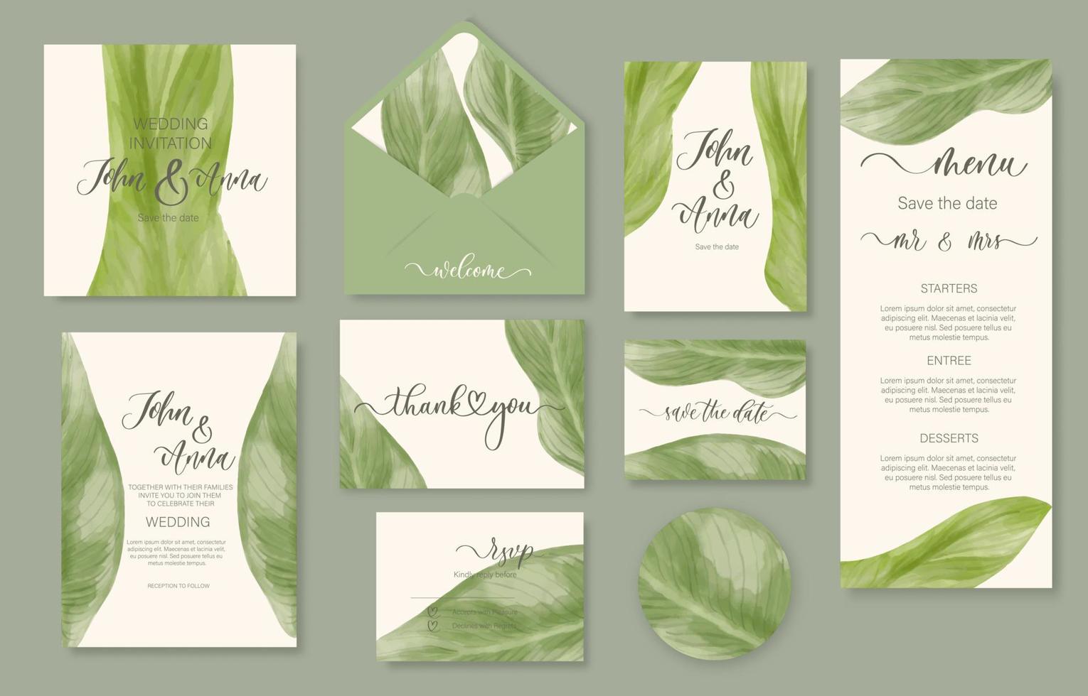 invitación floral acuarela de boda, gracias, respuesta, menú, rsvp con hojas verdes suavemente acuarelas. vector