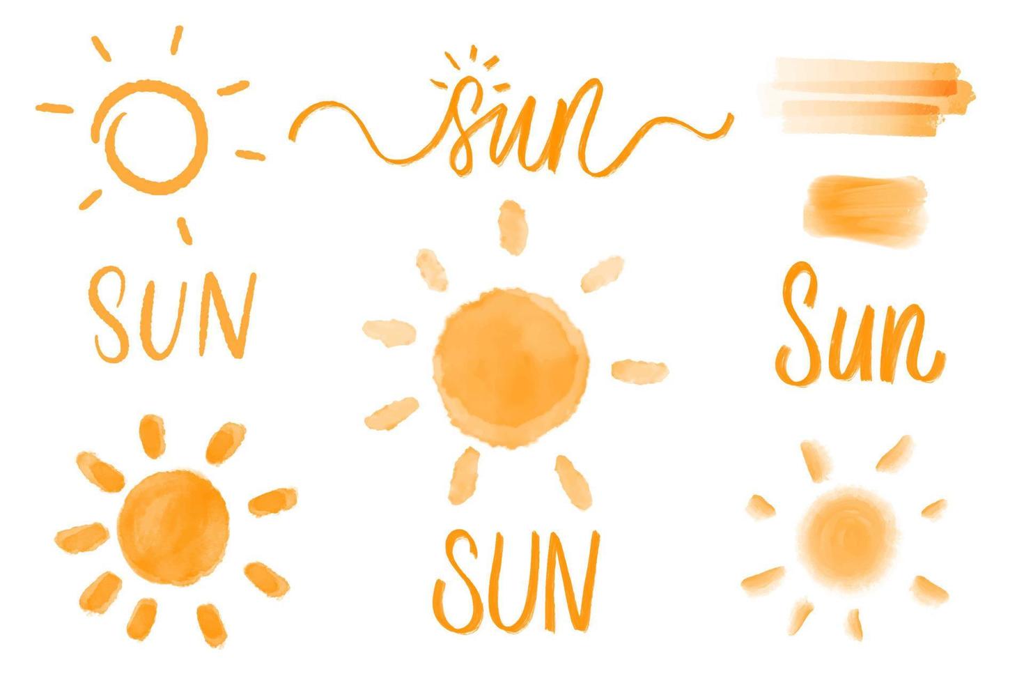 Sun Vector set of different isolated, hand drawn illustration, logo and calligraphy inscription.