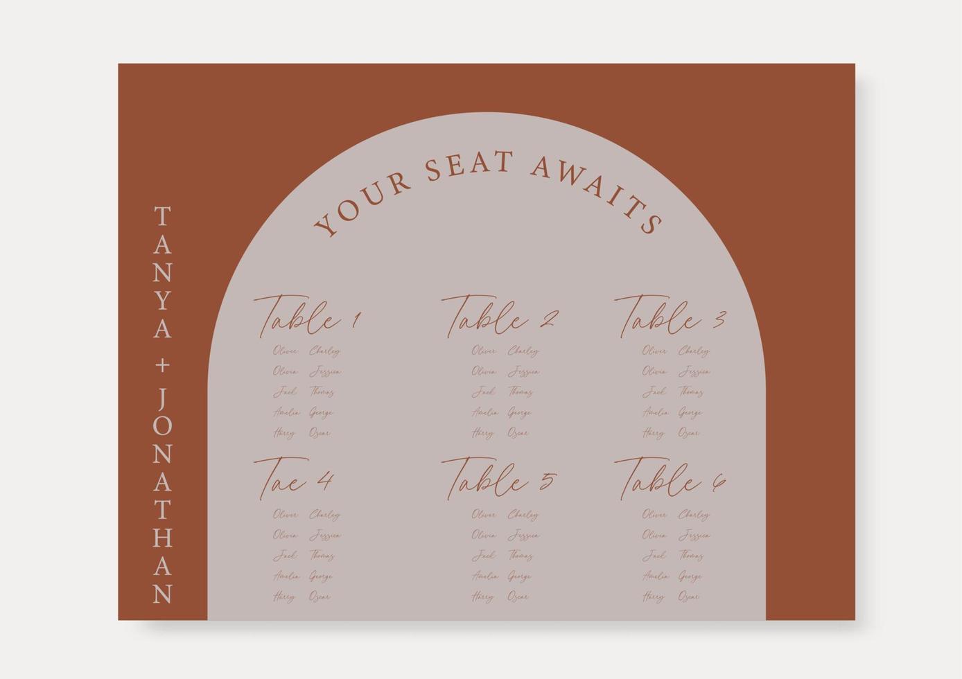 Arched Boho wedding seating chart template, Terracotta and burnt orange seating plan. vector