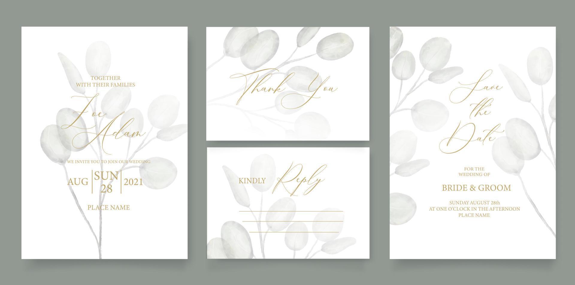 Wedding invitation template, with watercolor eucalyptus, green leaves, brunches, and handmade calligraphy. vector