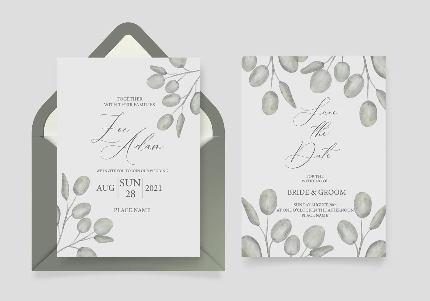 Wedding invitation card template, with watercolor eucalyptus, green leaves, brunches, and handmade calligraphy. vector