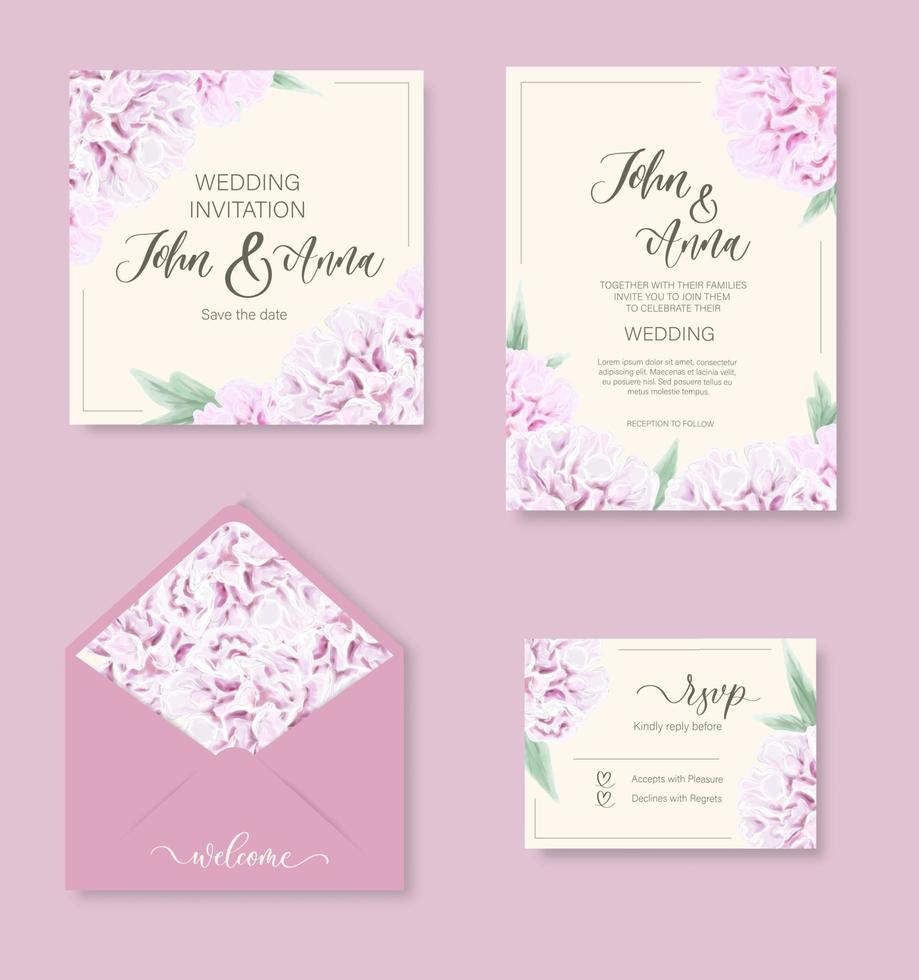 invitación floral de la acuarela de la boda, gracias, respuesta, menú, rsvp con peonía de flores suavemente acuarela. vector