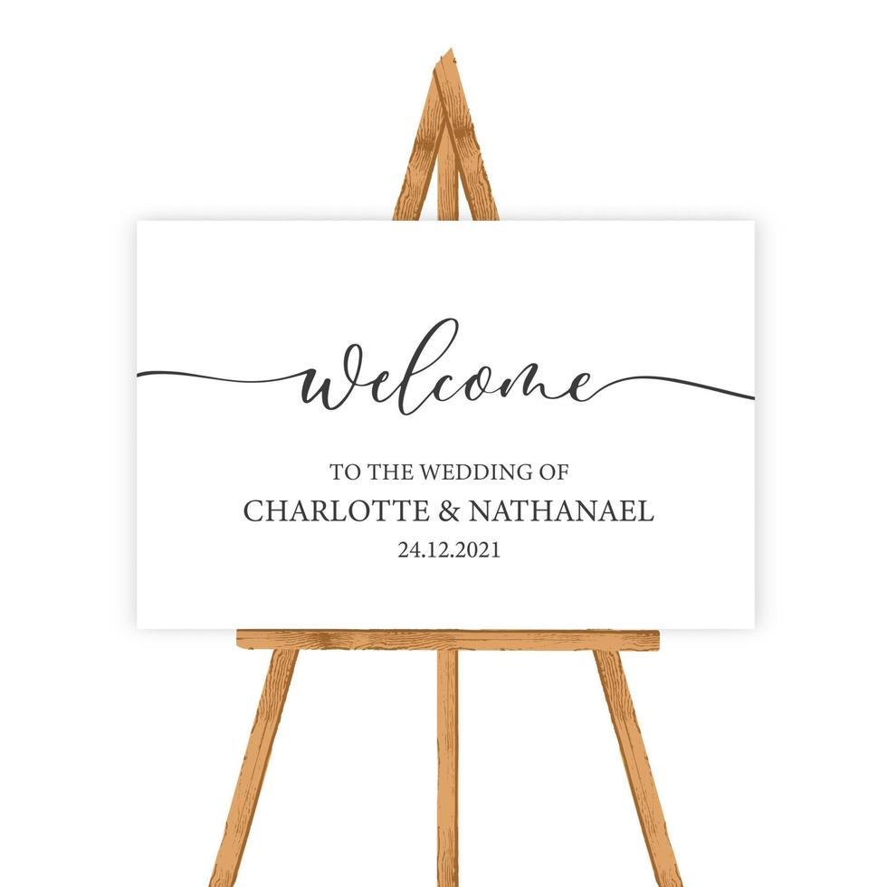 Welcome to the wedding of - wedding calligraphic sign with wood tablet. vector