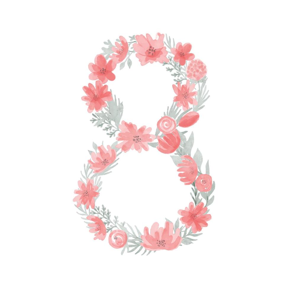 Floral Watercolor Number 8.Number eight Made of Flowers. Number Monogram. vector