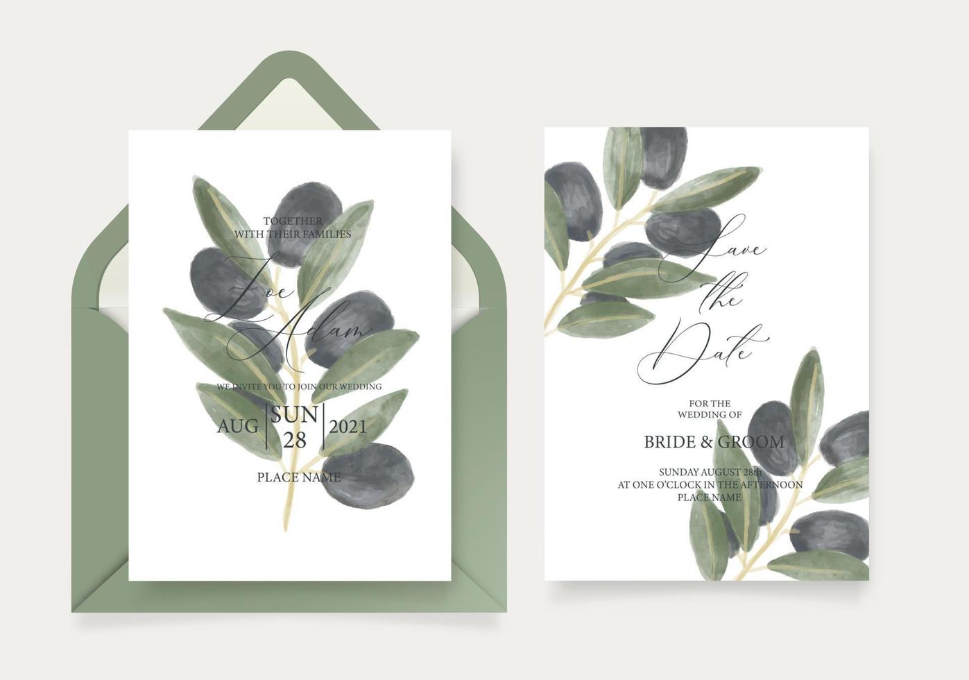 Plantilla de tarjeta de invitación de boda, con rama de olivo de acuarela, hojas verdes, brunch y caligrafía hecha a mano. vector