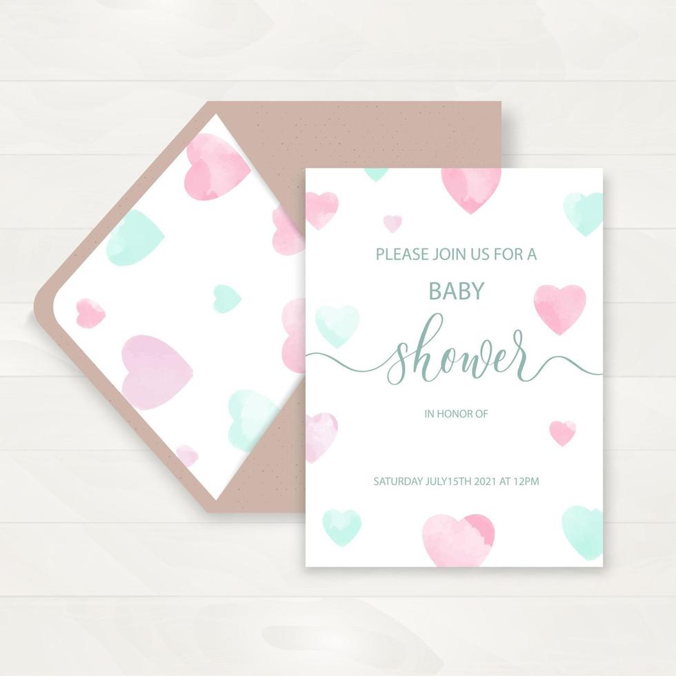 Invitación de baby shower y tarjeta de felicitación de feliz cumpleaños con peonías acuarelas e inscripción de línea de caligrafía. ilustración vectorial, estilo dibujado a mano. vector