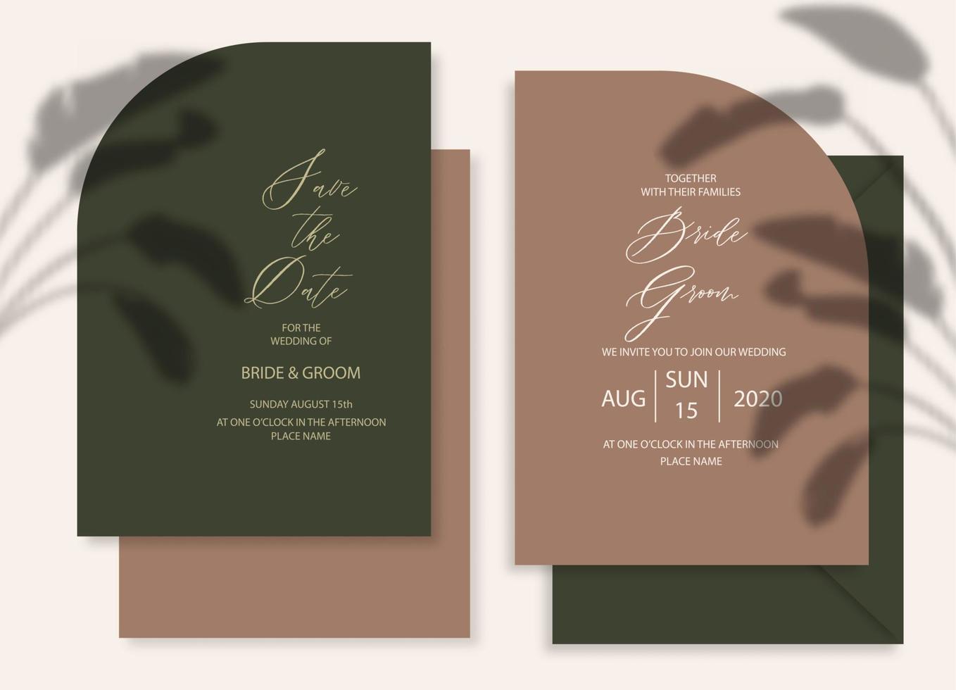 invitación de boda moderna, plantilla de invitación de boda de color verde oscuro y marrón, forma de arco con sombra de hojas y caligrafía hecha a mano. vector