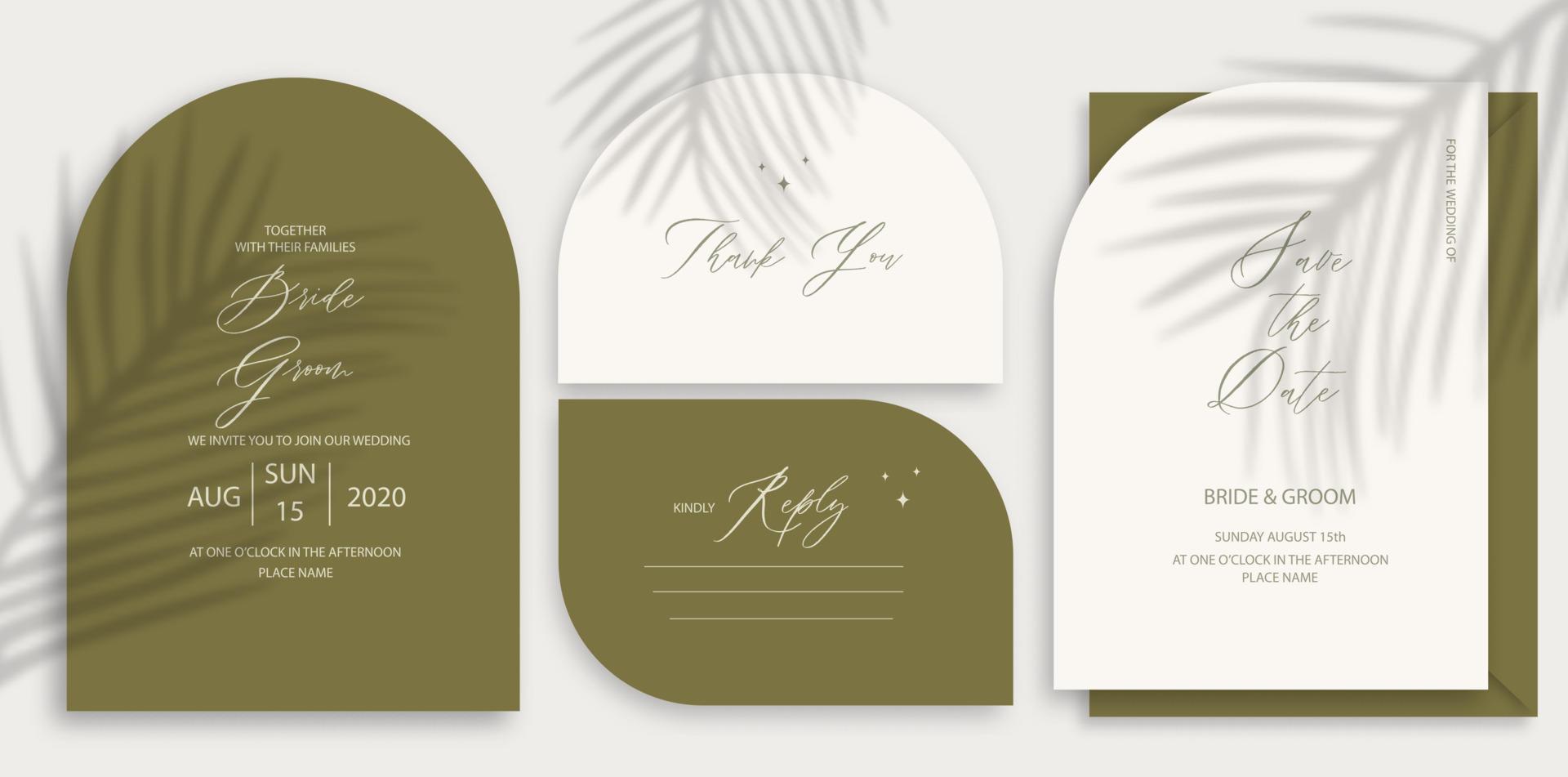 Modern wedding invitation, burnt green wedding invitation template, arch shape with leaf shadow and handmade calligraphy. vector