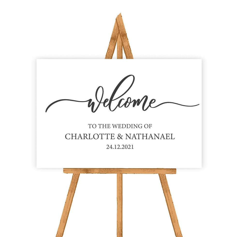 Welcome to the wedding of - wedding calligraphic sign with wood tablet. vector