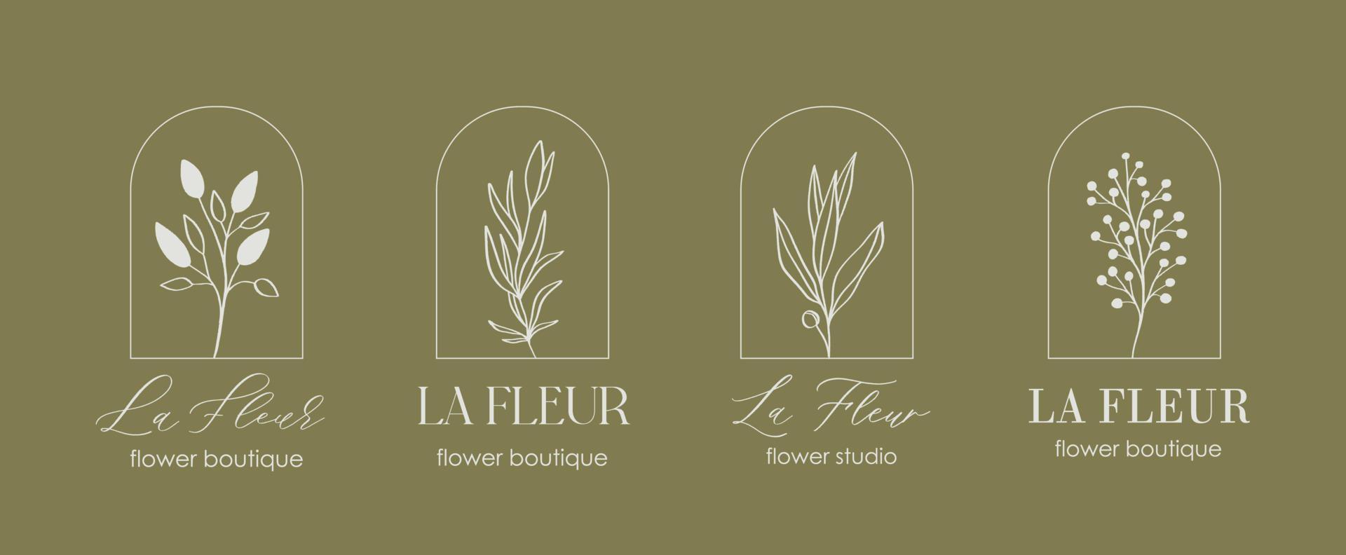 Logo design template and monogram concept in trendy linear style with arch - floral frame with copy space for text or letter - emblem for fashion, beauty and jewellery, Wedding invitation, socia. vector