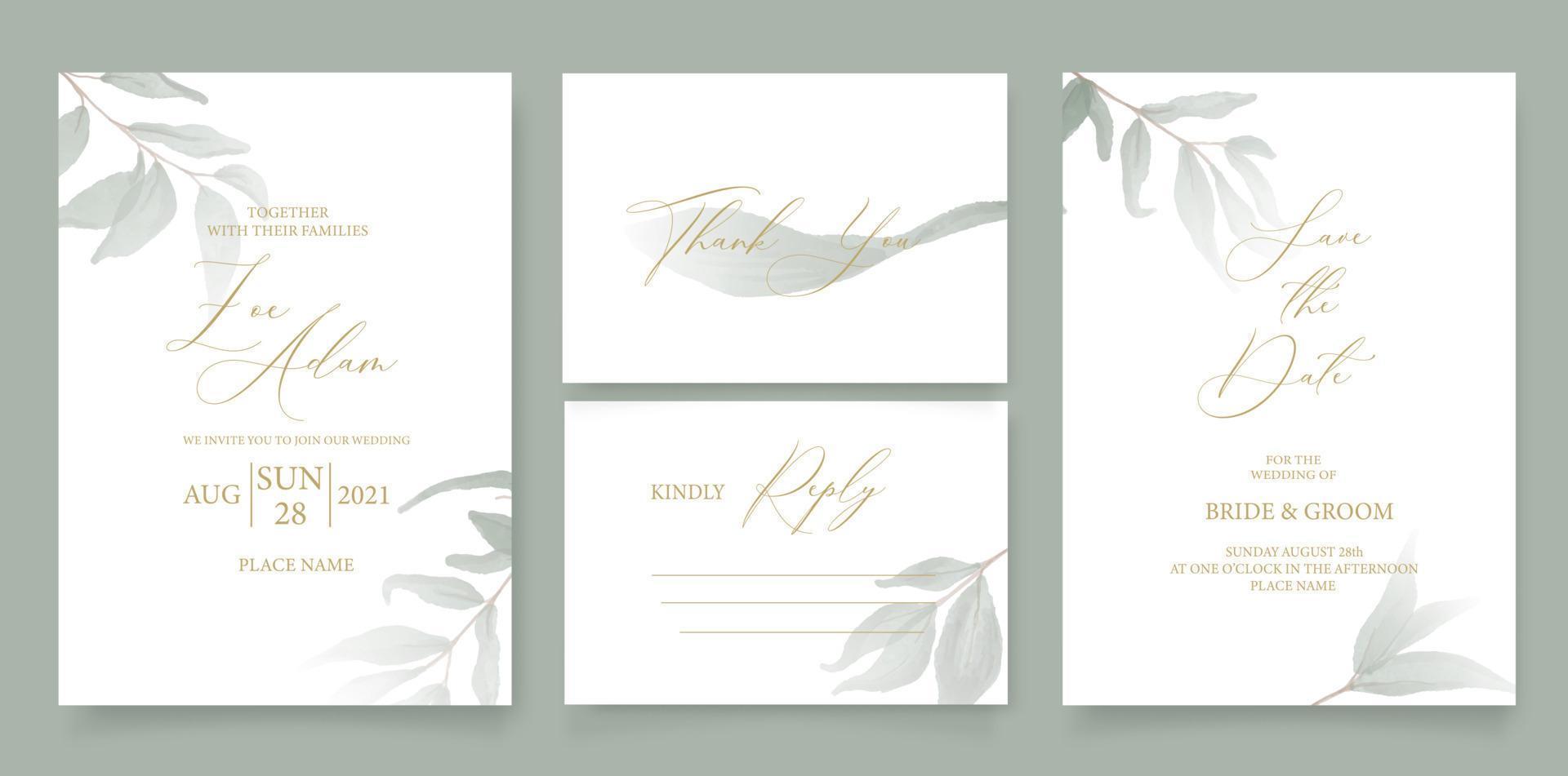 Wedding invitation template, with watercolor green leaves, brunches, and handmade calligraphy. vector