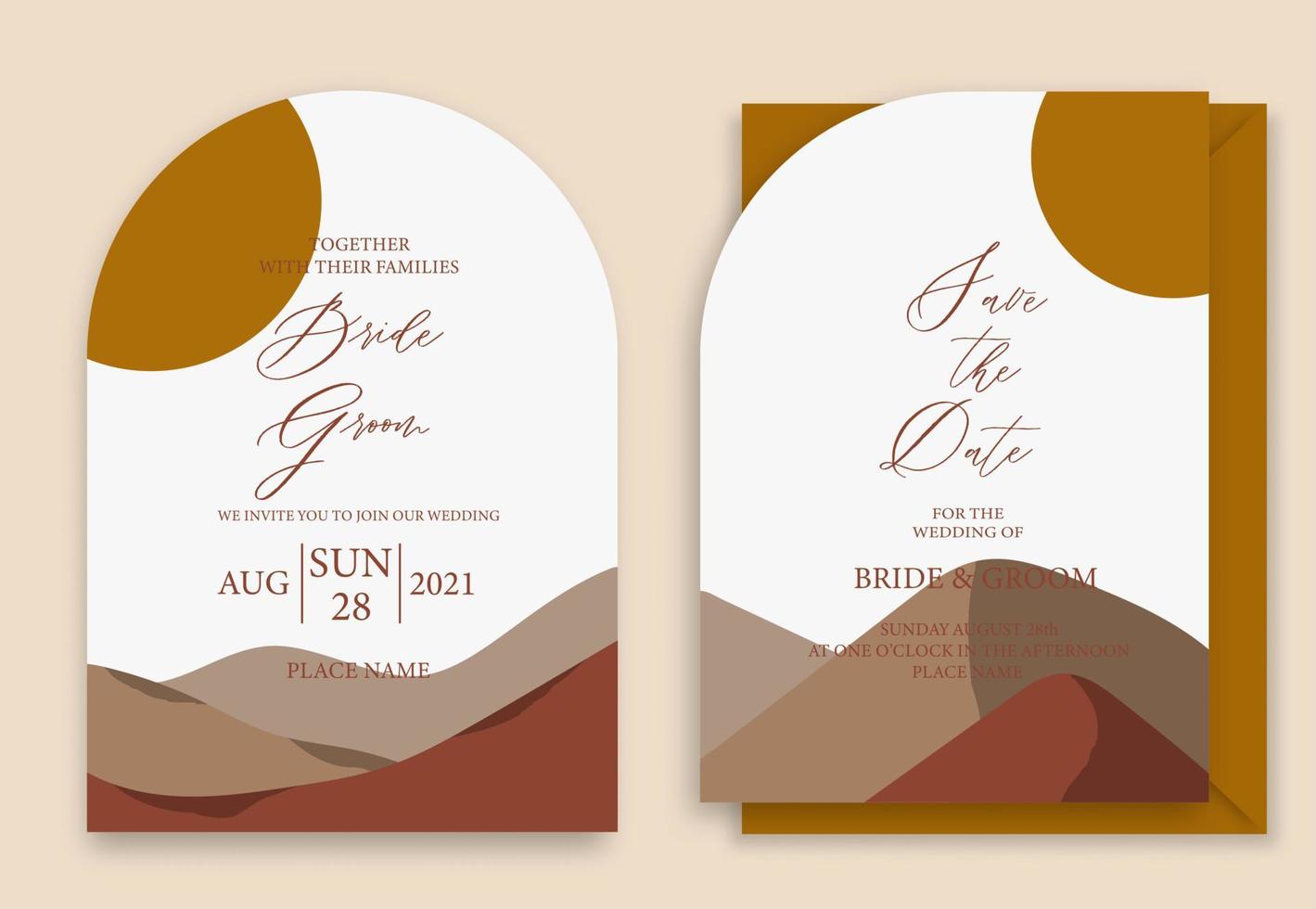 invitación de boda con montañas, río y abeto. vector