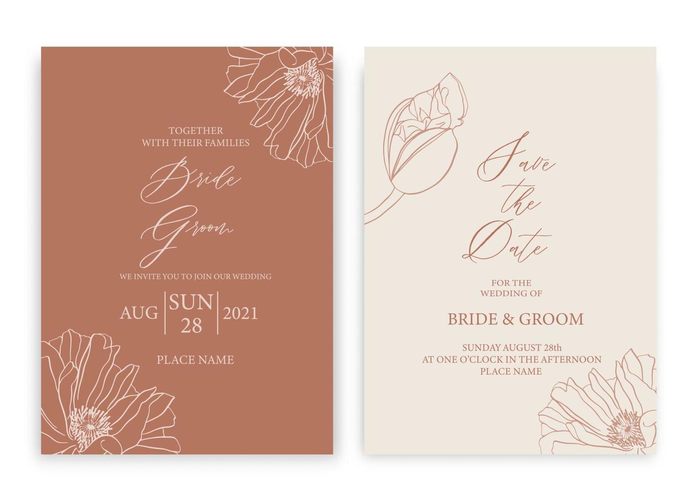 diseño de plantilla de tarjeta de invitación de boda floral, con hojas verdes. tema vintage pastel. vector