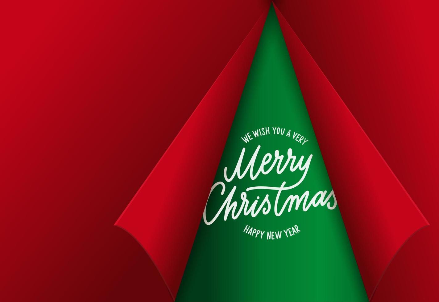 Christmas red paper sheet with curled corners as tree. Curled page corner with shadow and lettering. vector