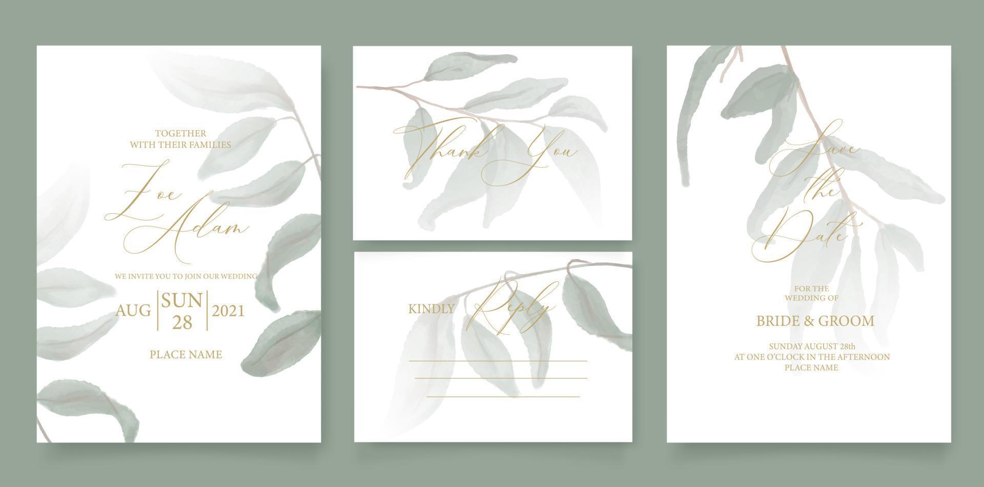Wedding invitation template, with watercolor green leaves, brunches, and handmade calligraphy. vector