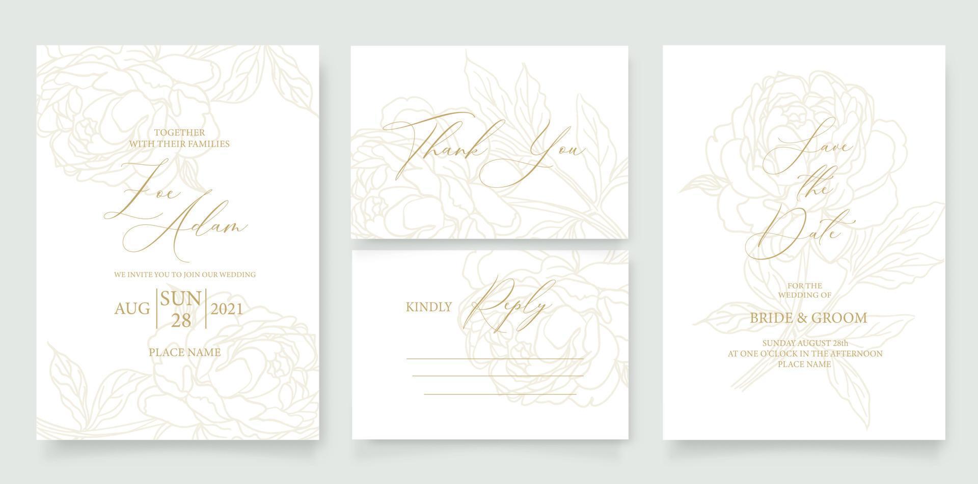 Plantilla de invitación de boda con flor de rosa y hojas en línea. estilo minimalista. vector