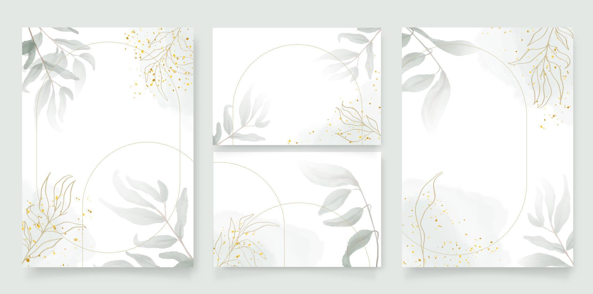 Luxury wedding invitation card background with golden arch shape line and botanical leaves, Watercolor splash. Vector invite design for wedding and vip cover template.Abstract art background vector.