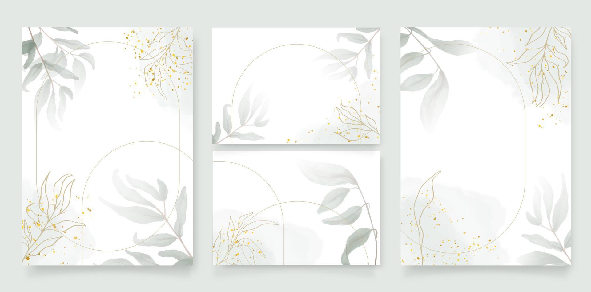 Luxury wedding invitation card background with golden arch shape line and botanical leaves, Watercolor splash. Vector invite design for wedding and vip cover template.Abstract art background vector.