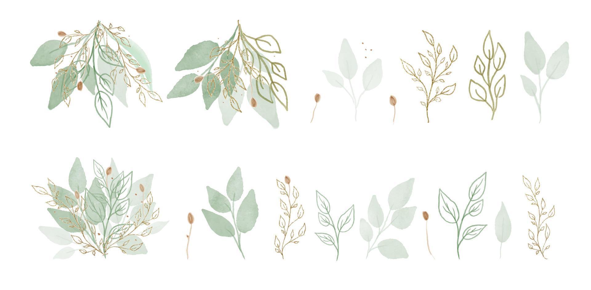 Vector Big Set botanic elements - wildflowers, herbs, leaf. Green and gold collection garden and wild foliage, flowers, herbal branch. Vector arrangements for greeting card or invitation design.