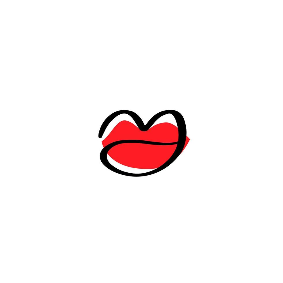 Hand drawn logo lips in black lines with red illustration. vector