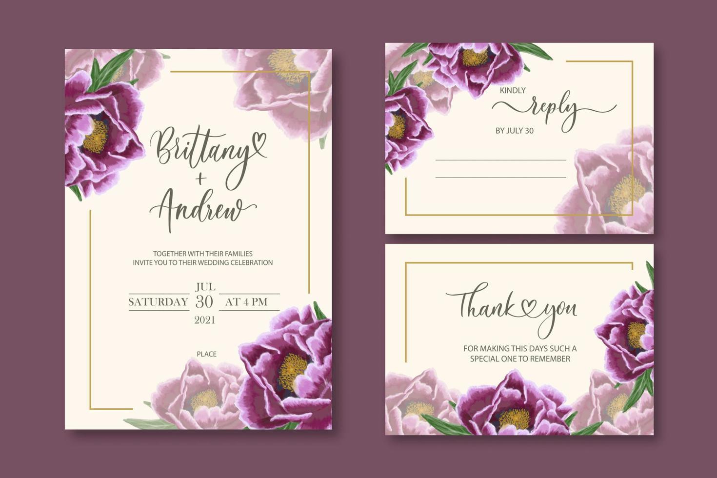 Wedding vector floral invite invitation thank you, reply watercolor design set  peony flowers elegant.