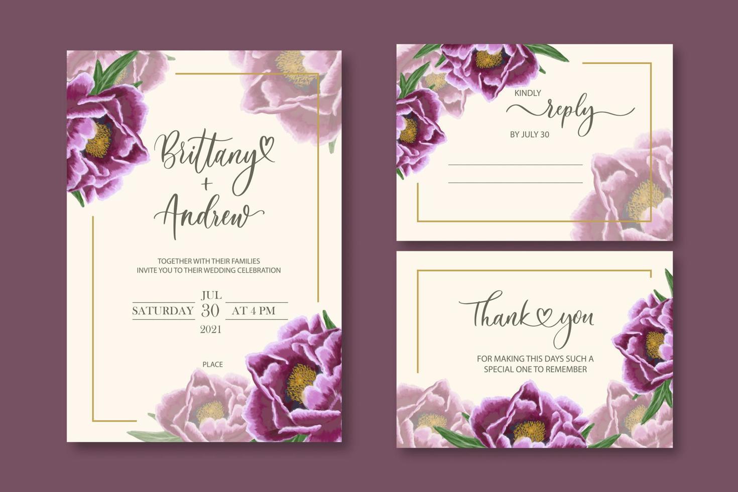 boda vector floral invitar invitación gracias, respuesta acuarela diseño conjunto flores de peonía elegante.