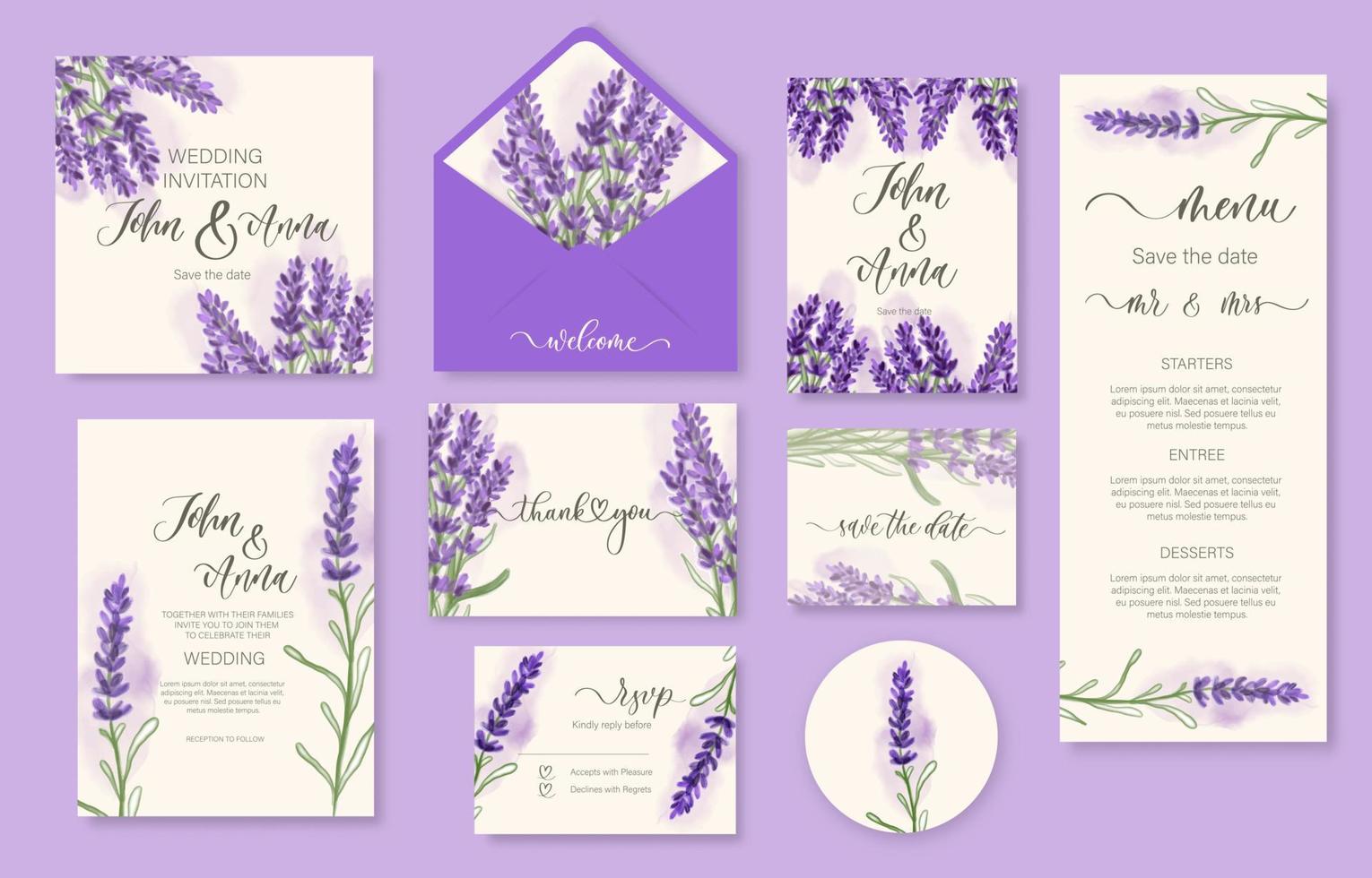 Wedding watercolor lavender floral invitation, thank you, reply, menu, rsvp. vector