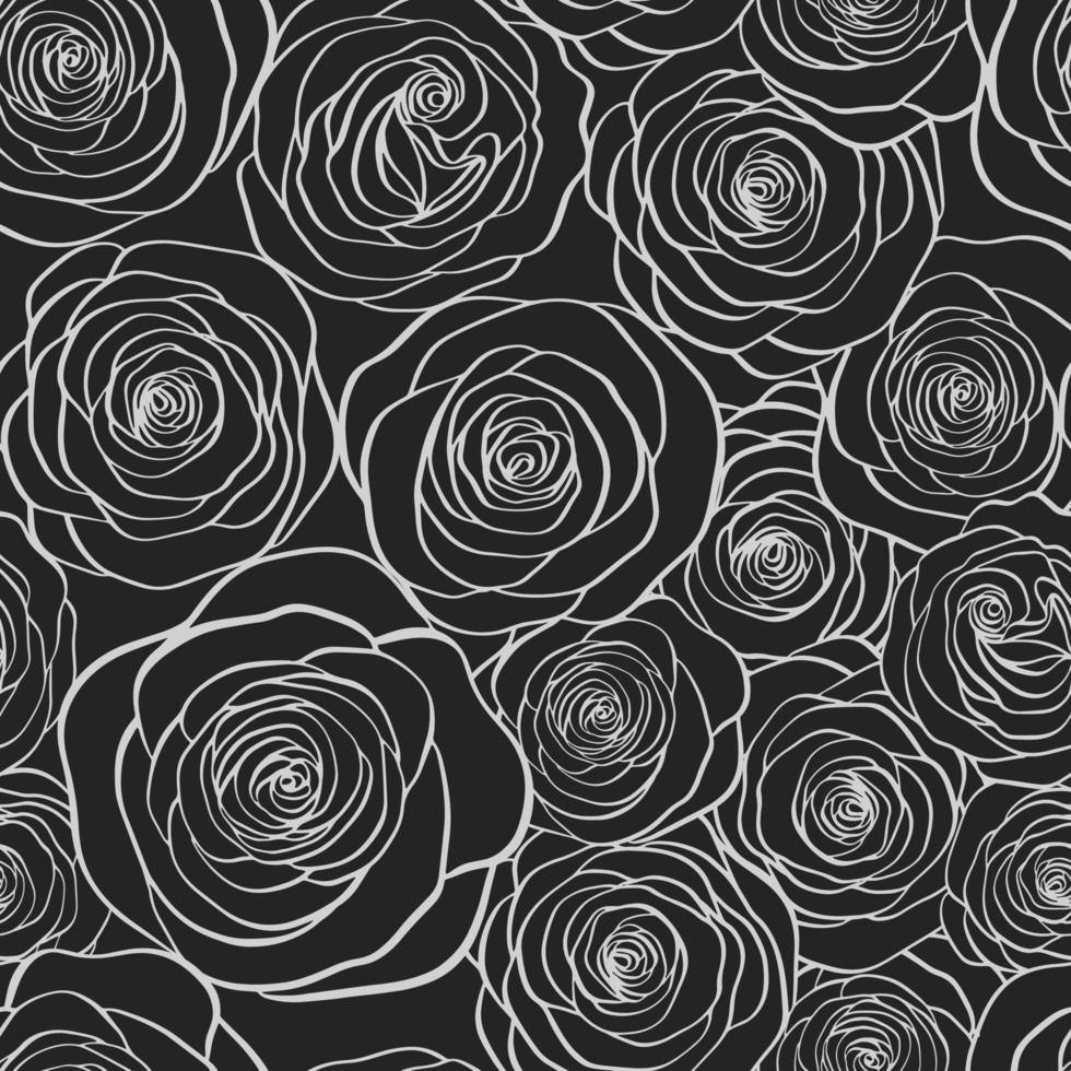 Vector seamless pattern with roses contours on back backround.