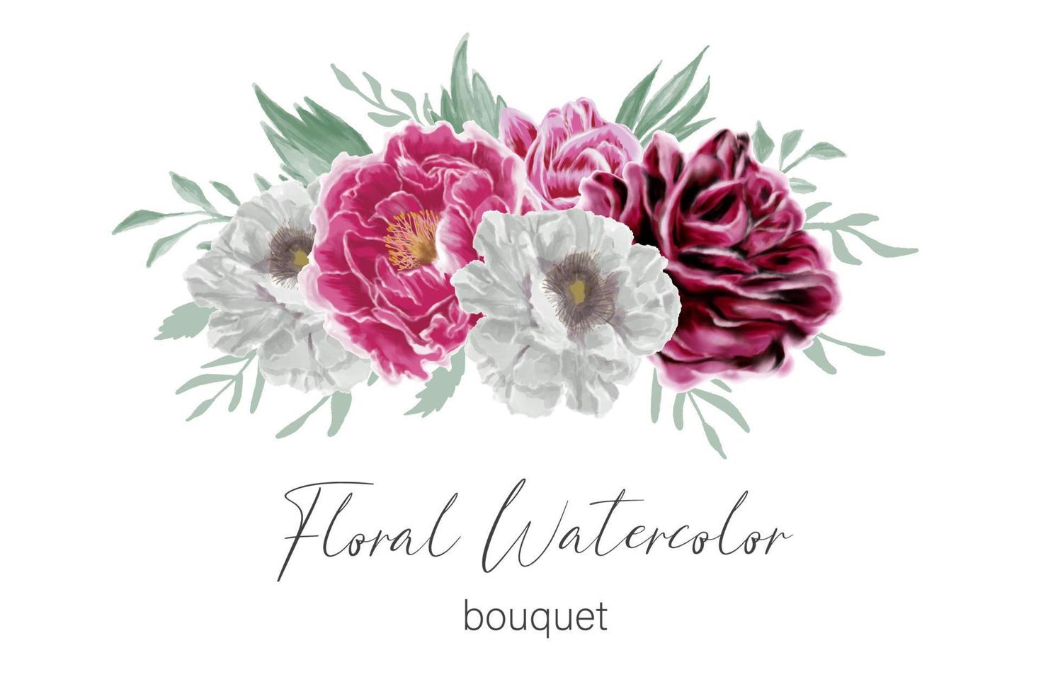 Ramo floral de acuarela con rosas, peonías y hojas verdes. vector