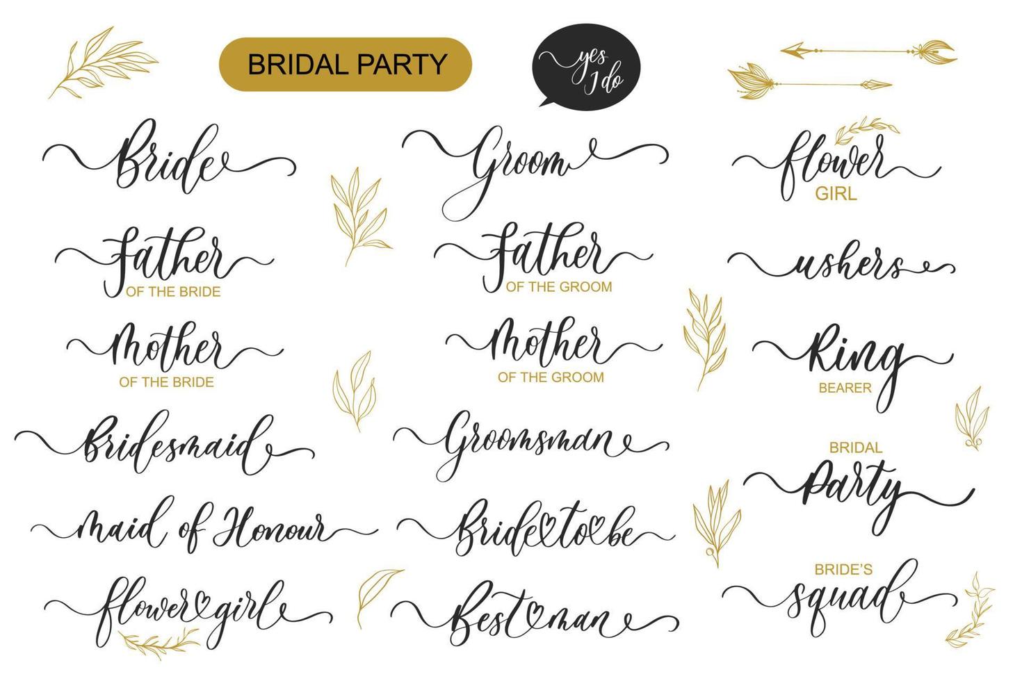Set of Bridal Party lettering. Wavy elegant calligraphy spelling for decoration on bridal shower and wedding. vector