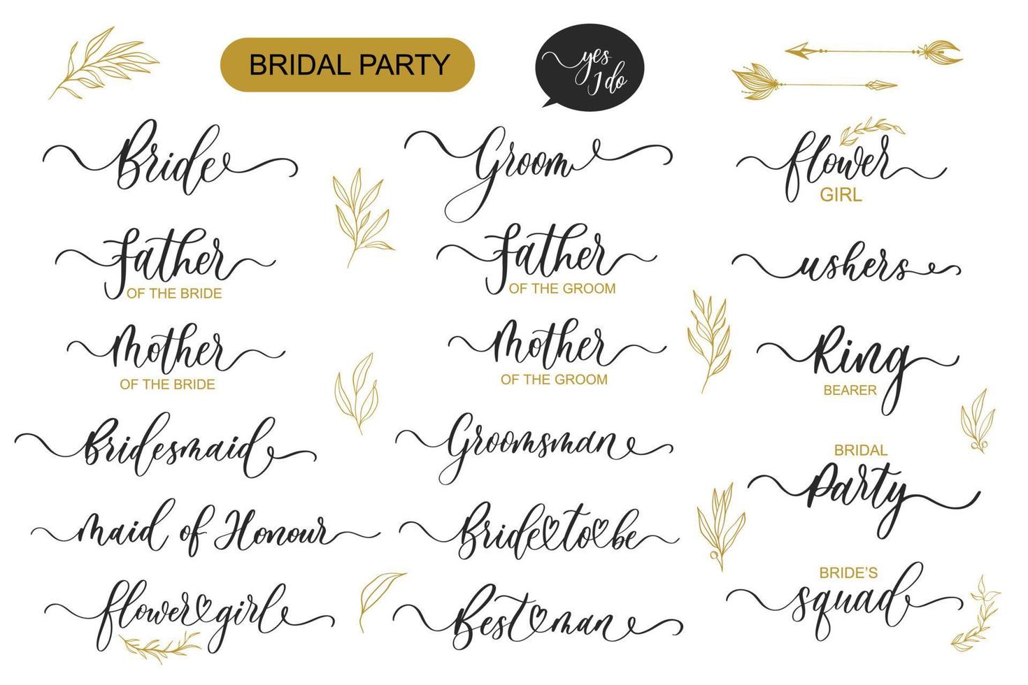 conjunto de letras de fiesta nupcial. Ortografía de caligrafía elegante ondulada para decoración en despedidas de soltera y bodas. vector