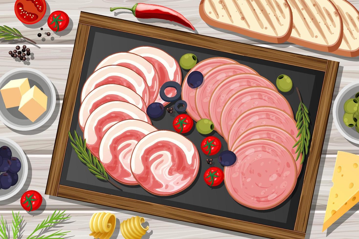 Platter of cold meats and smoked meats on the table background vector