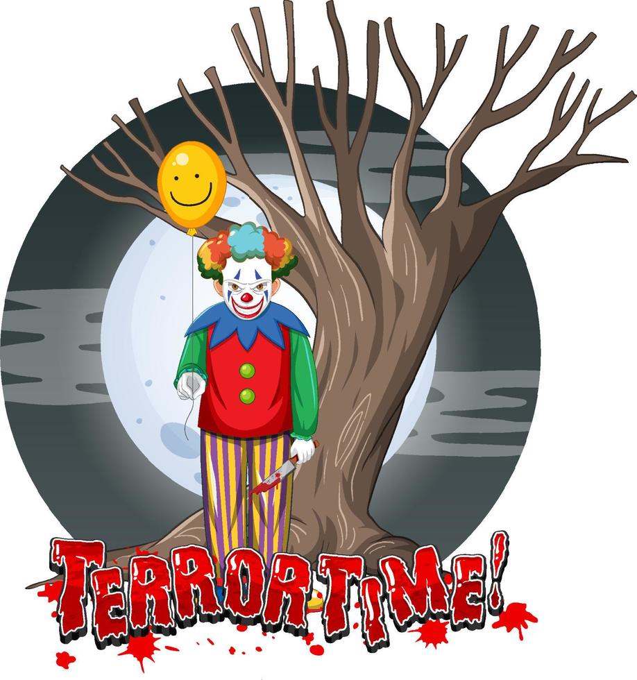Scary clown holding balloon on full moon background vector