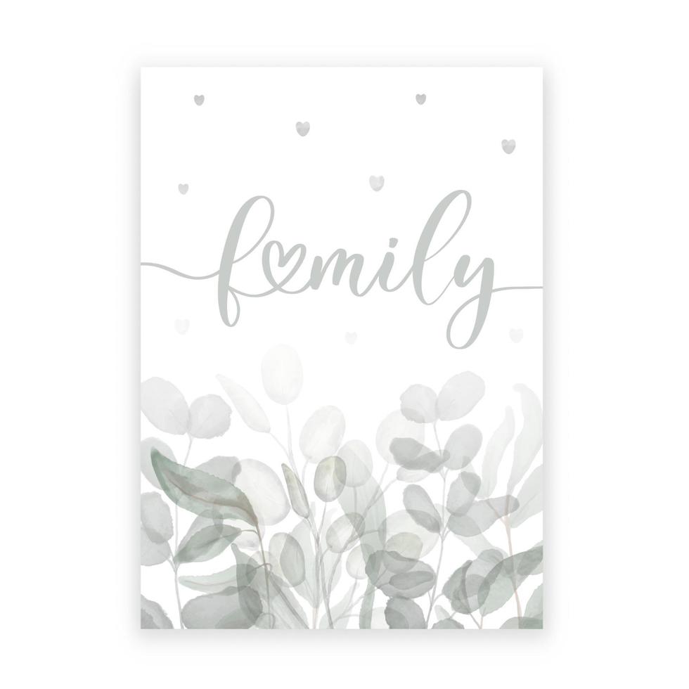 Watercolor eucalyptus and green leaves, brunches background with calligraphy Family. Design decoration for album cover, postcards, packaging, textiles and more. vector