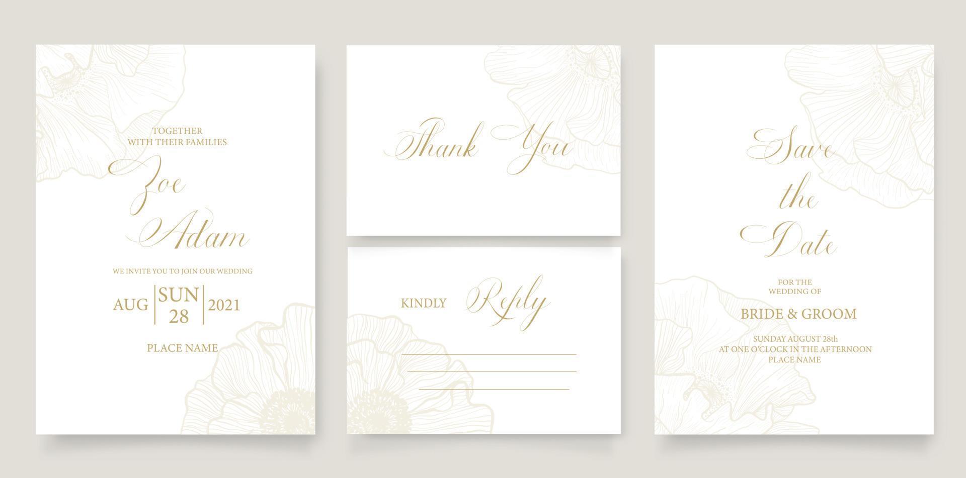 Wedding invitation template with flower of poppy in line. Minimalism style. vector