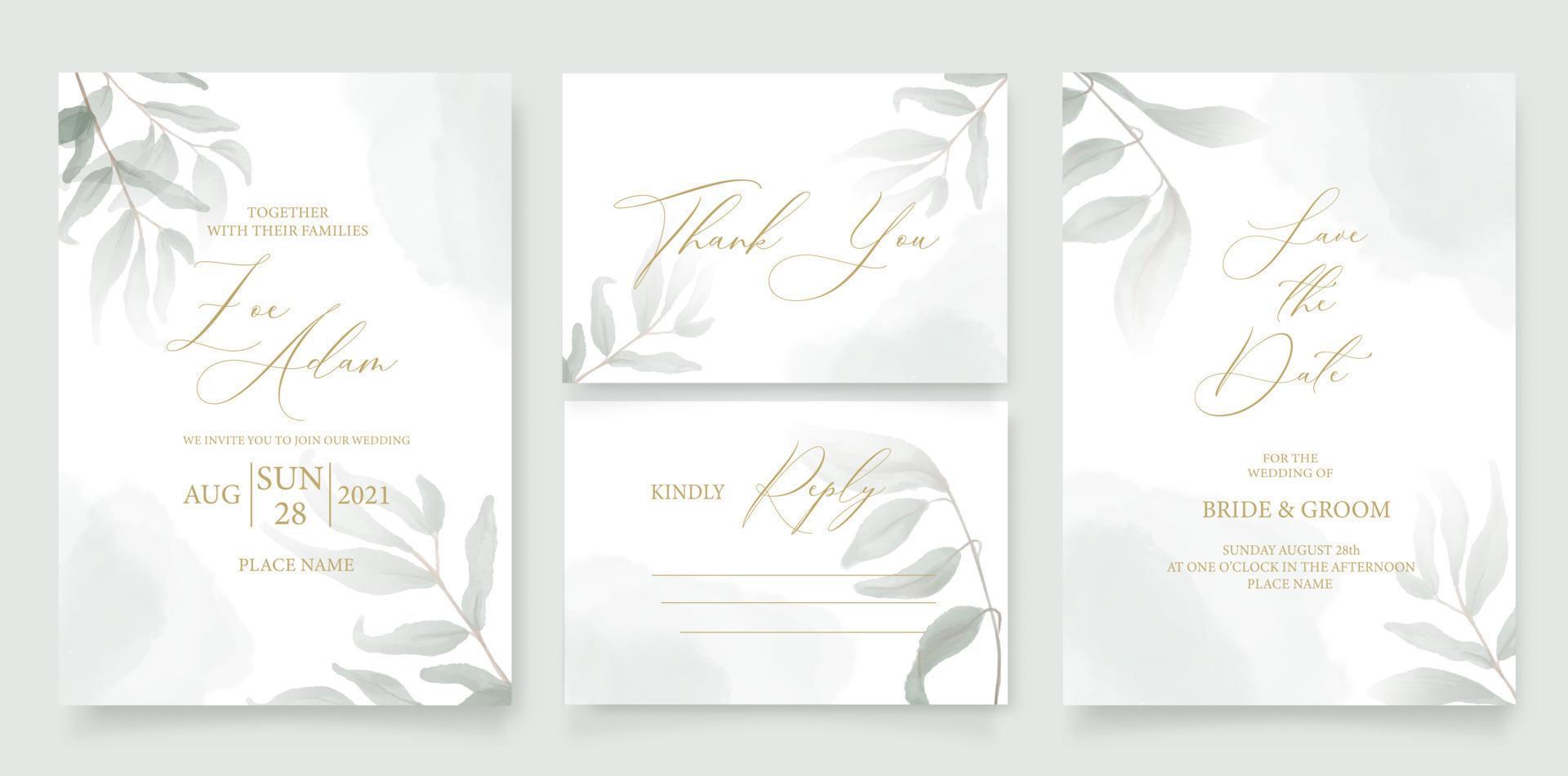 Wedding invitation template, with watercolor green leaves, brunches, and handmade calligraphy. vector