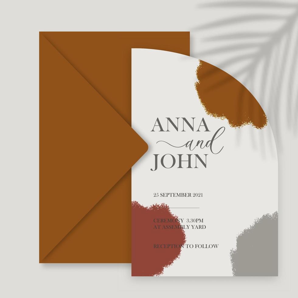 Modern wedding invitation, burnt orange wedding invitation template, arch shape with leaf shadow and handmade calligraphy. vector