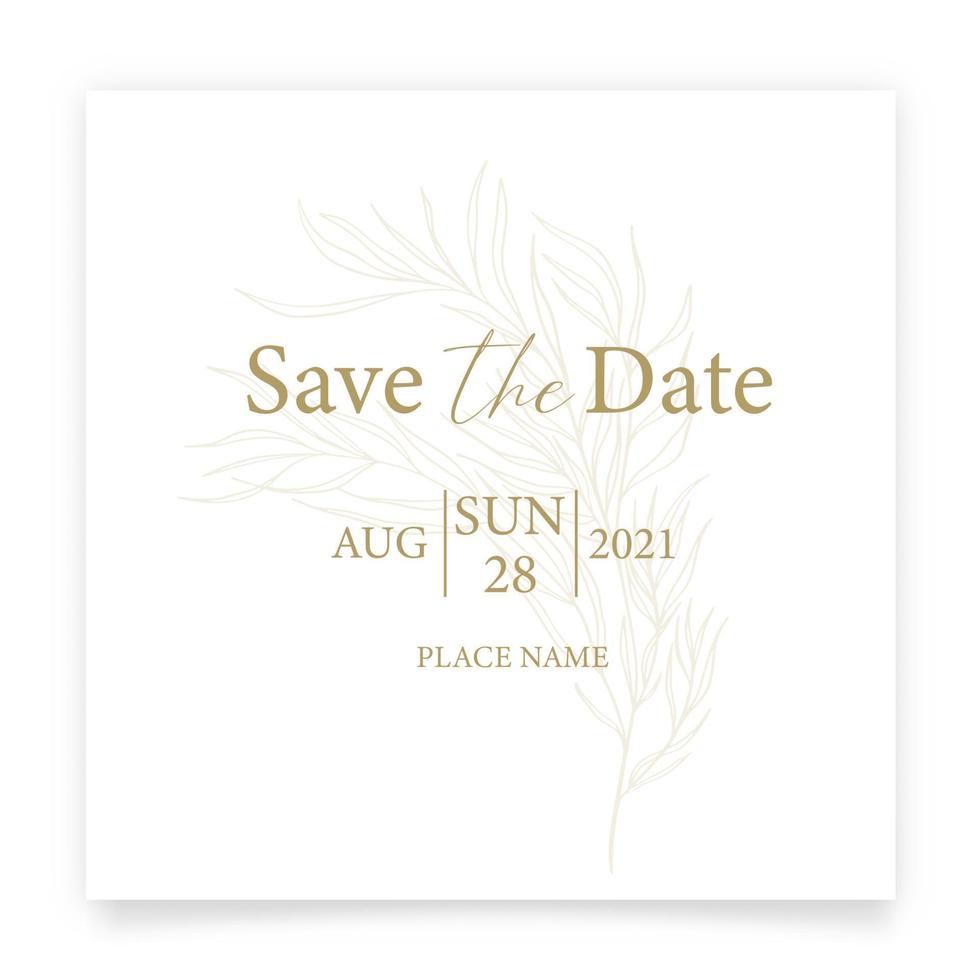 Save the date card. Wedding invitation template, with leaves in line. Minimalism style. vector