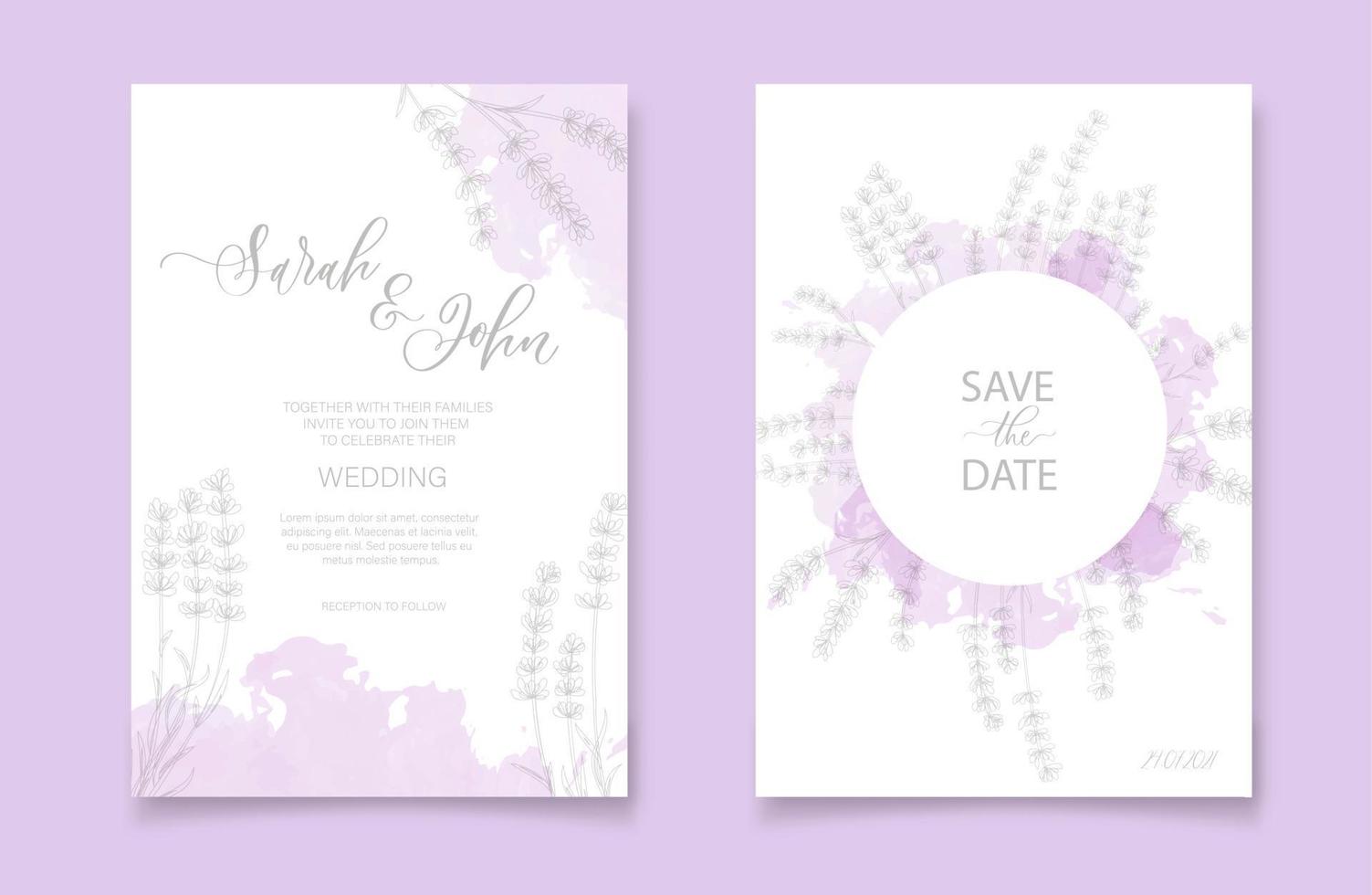 Diseño de plantilla de tarjeta de invitación de boda floral con flores de lavanda acuarela. vector