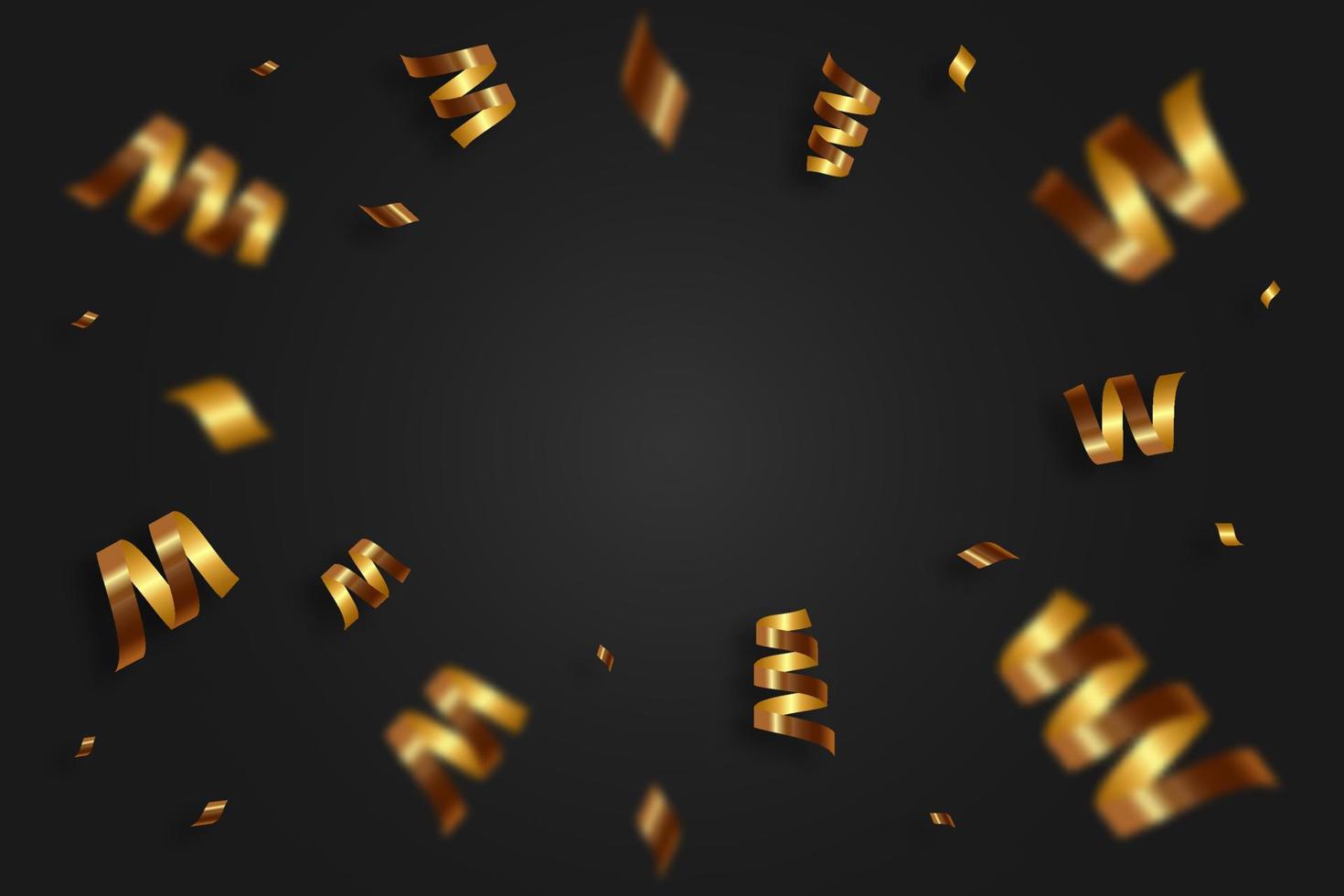 Falling shiny golden confetti, tape, serpentine on black background. Bright festive tinsel of gold color. vector