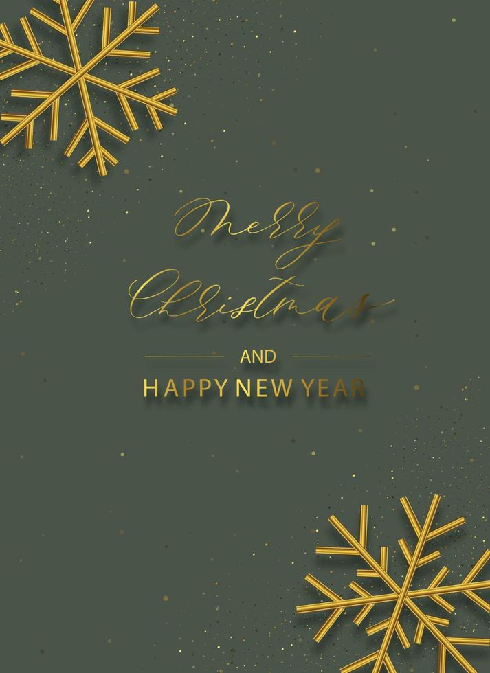 Christmas background with gold 3D snowflakes on green background. vector