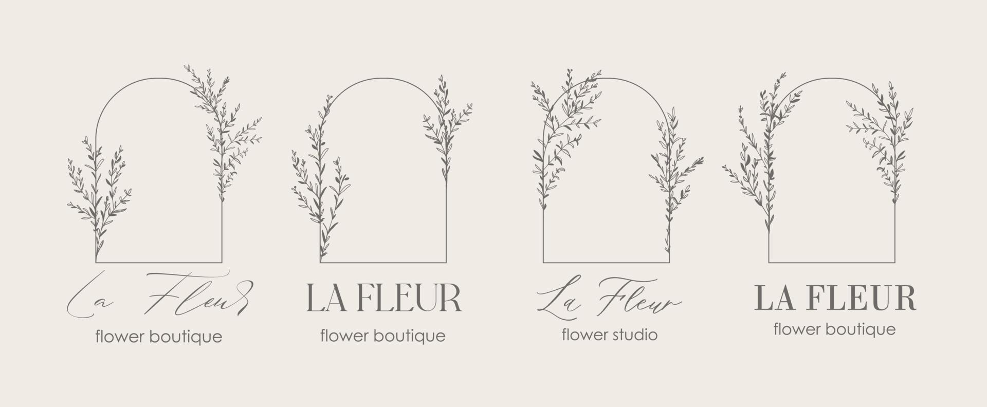 Logo design template and monogram concept in trendy linear style with arch - floral frame with copy space for text or letter - emblem for fashion, beauty and jewellery, Wedding invitation, socia. vector