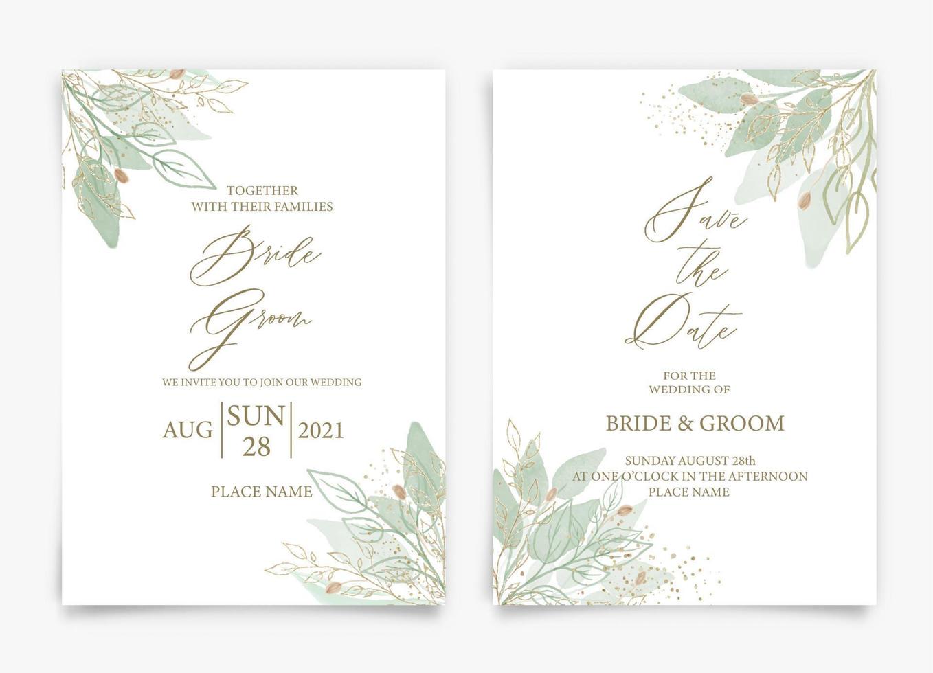 Wedding invitation card with elegant greenery watercolor leaves style collection design, watercolor texture background, brochure, invitation template. vector
