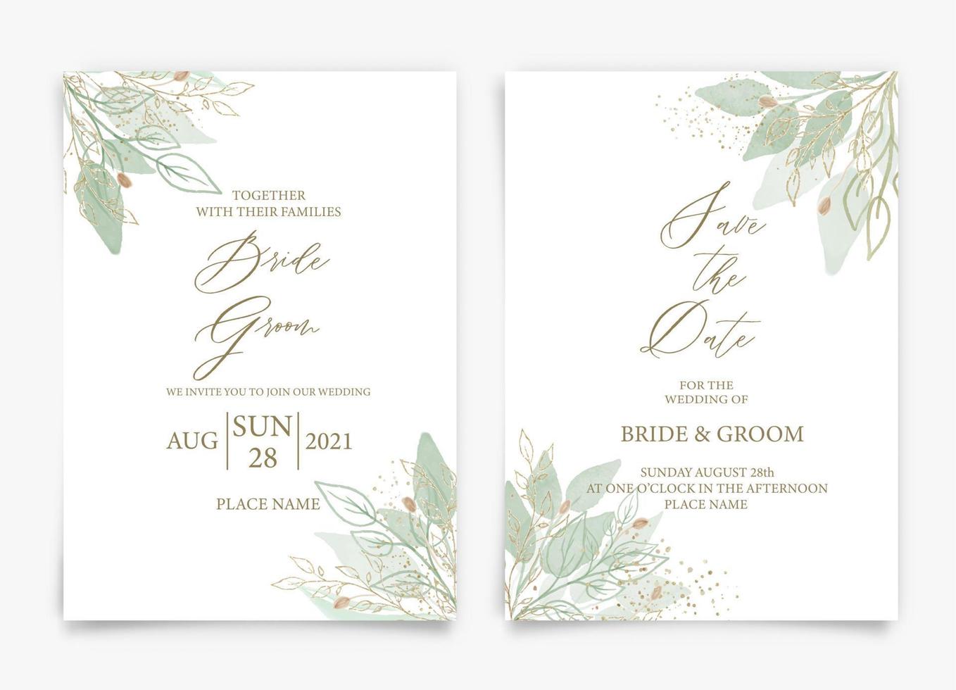 Tarjeta de invitación de boda con elegante diseño de colección de estilo de hojas de acuarela de vegetación, fondo de textura de acuarela, folleto, plantilla de invitación. vector