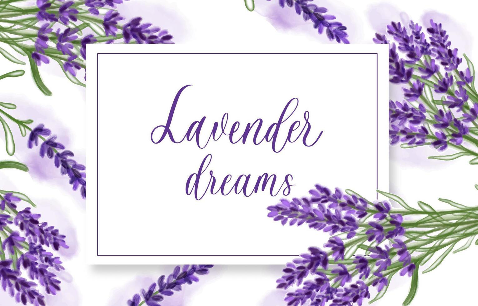 Banner de flores de lavanda sobre fondo blanco. uso para cosmética natural, tienda de belleza, productos para el cuidado de la salud, perfumes, aceites esenciales, aromaterapia, tarjetas de felicitación o invitaciones de boda. vector