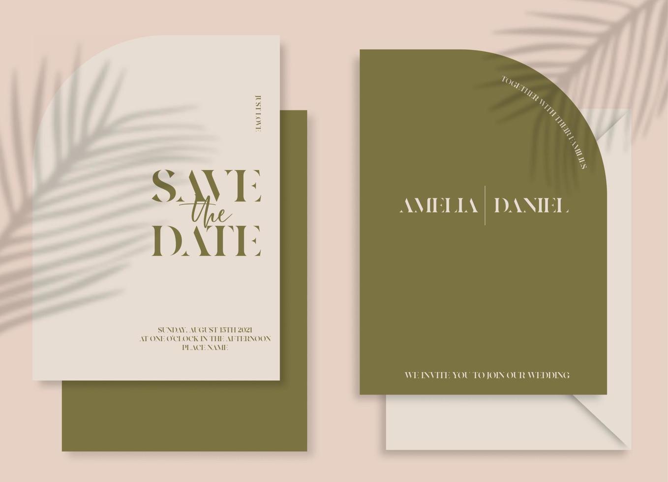 Modern wedding invitation, burnt green wedding invitation template, arch shape with leaf shadow and handmade calligraphy. vector