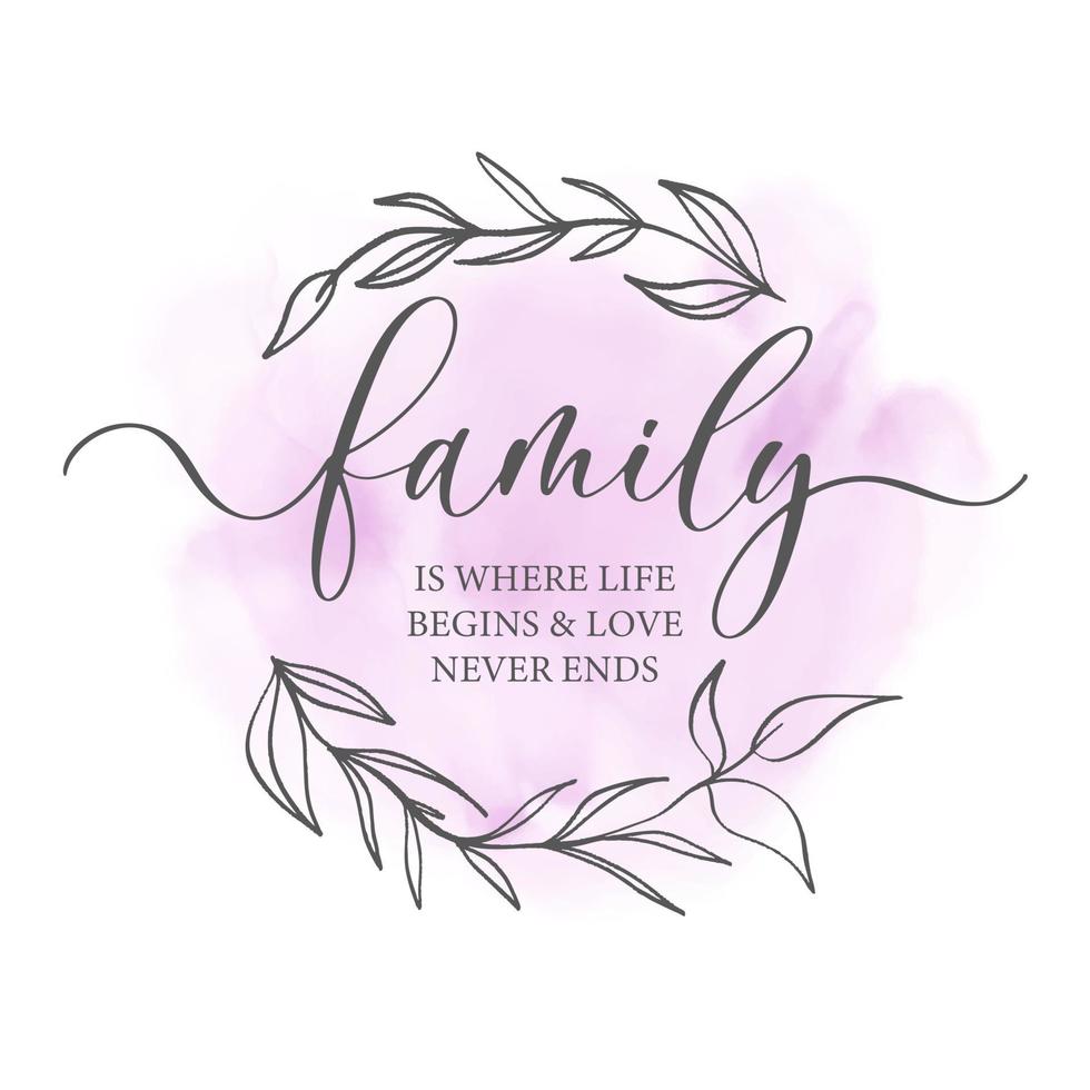 la familia es donde comienza la vida y el amor nunca termina. caligrafía dibujada a mano y inscripción de letras en una corona floral decorativa redonda. vector